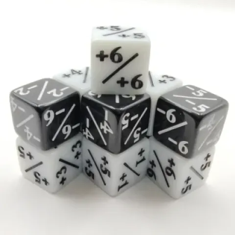 Set of 12 16mm positive and negative modifier dice - black & white