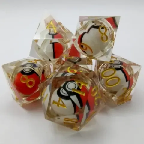 PokÃ©-ball dice kit: translucent with gold numbers in a plastic bottle with screw-cap
