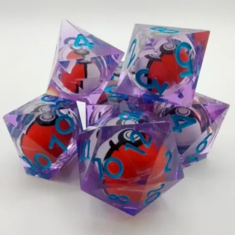 PokÃ©-ball dice kit: purple with blue numbers in a plastic bottle with screw-cap