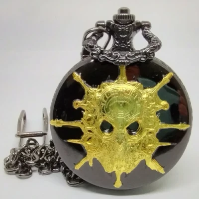 Metal pocket dice case with polyhedral mini-kit: mystic helm - black & gold in a black suedecloth pouch