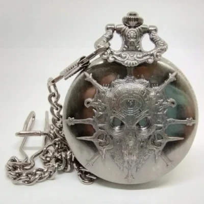 Metal pocket dice case with polyhedral mini-kit: mystic helm - silver