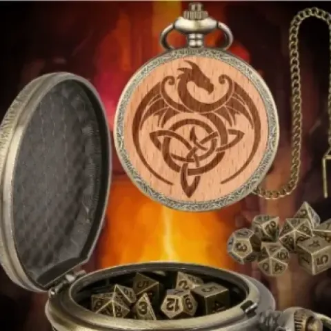 Metal pocket dice case with polyhedral mini-kit: wyvern on light wood in a black suedecloth pouch