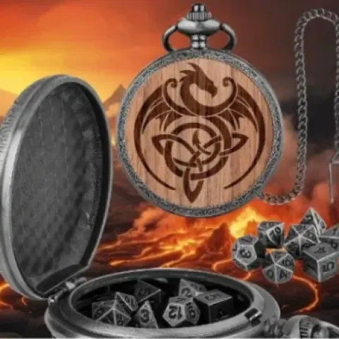 Metal pocket dice case with polyhedral mini-kit: wyvern on dark wood in a black suedecloth pouch