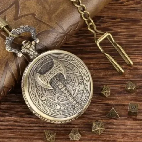 Metal pocket dice case with polyhedral mini-kit: golden battle axe in a black suedecloth pouch
