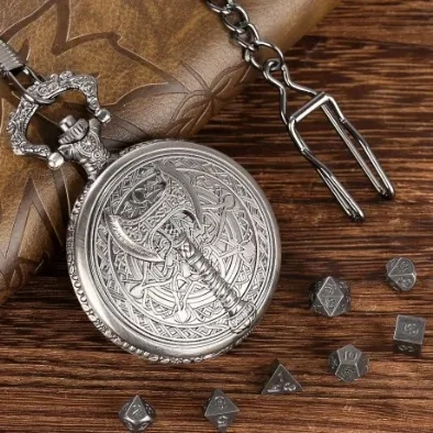 Metal pocket dice case with polyhedral mini-kit: golden battle axe in a black suedecloth pouch