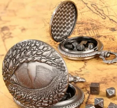 Metal pocket dice case with polyhedral mini-kit: evil eye - silver in a black suedecloth pouch