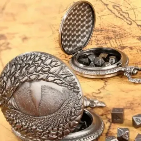 Metal pocket dice case with polyhedral mini-kit: evil eye - silver in a black suedecloth pouch