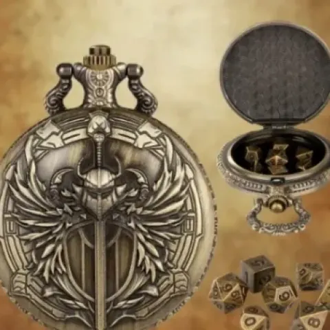 Metal pocket dice case with polyhedral mini-kit: the winged sword - gold in a black suedecloth pouch