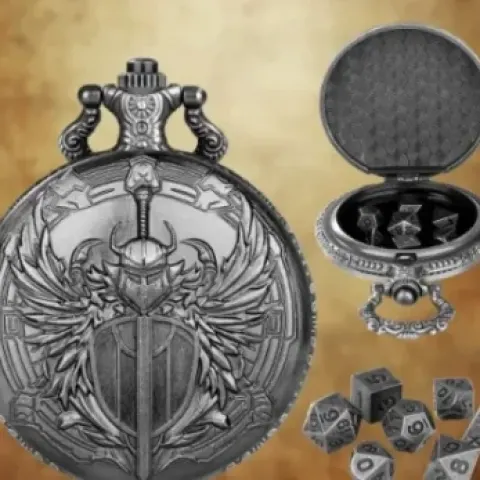 Metal pocket dice case with polyhedral mini-kit: the winged sword - silver in a black suedecloth pouch