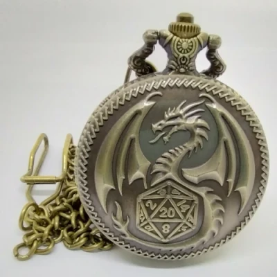 Metal pocket dice case with polyhedral mini-kit: golden dragon in a black suedecloth pouch
