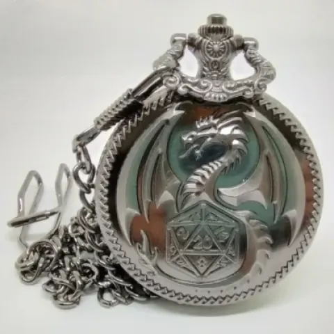 Metal pocket dice case with polyhedral mini-kit: silver dragon in a black suedecloth pouch
