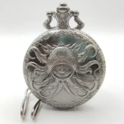 Metal pocket dice case with polyhedral mini-kit: extra-dimensional horror - silver in a black suedecloth pouch
