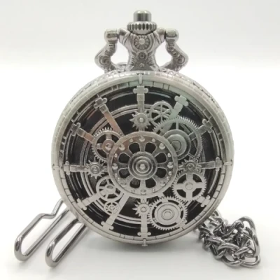 Mini-dice in decorative flip-case: hollow silver steampunk in a black suedecloth pouch