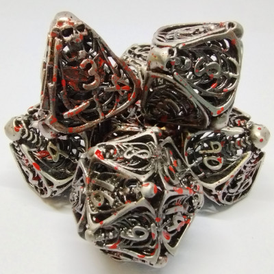 Skeleton Horror Dice Kit - Bloody Aged Silver with metal box