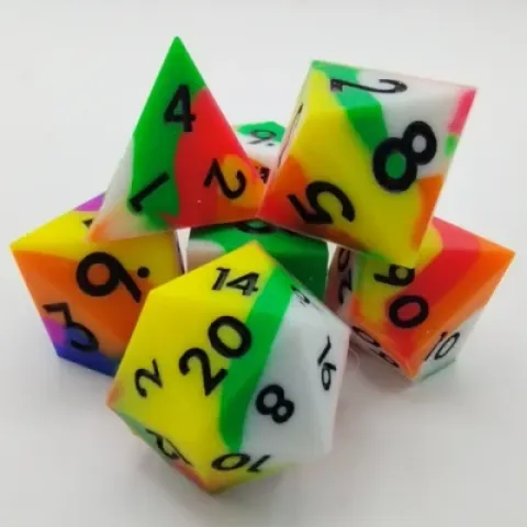 Silicone dice - green, orange, yellow, and white with black numbers