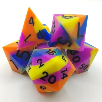 Silicone dice - blue, orange, purple, and yellow with black numbers