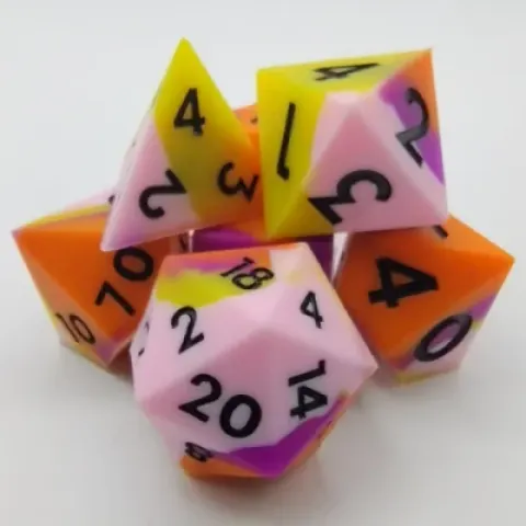 Silicone dice - pink, purple, orange, and yellow with black numbers