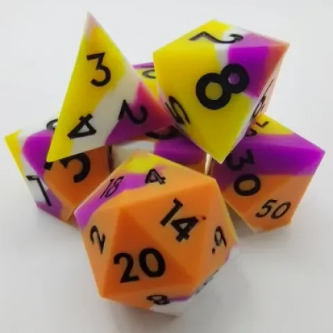 Silicone dice - orange, yellow, white, and purple with black numbers