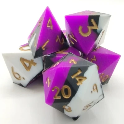 Silicone dice - black, purple, and white with gold numbers