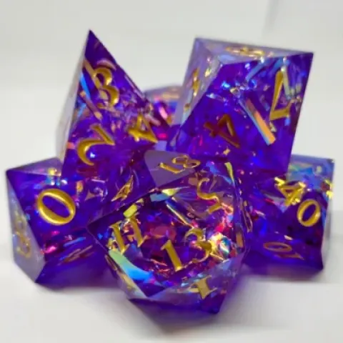Prismatic Tinsel Dice - purple in a bottle with screw-cap