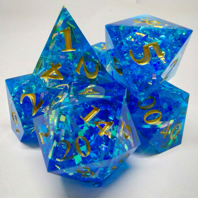 Prismatic Tinsel Dice - blue in a bottle with screw-cap