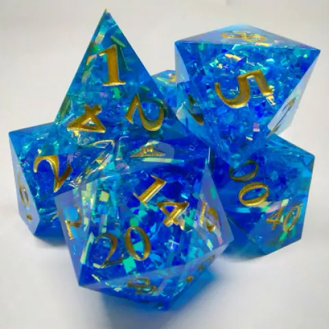 Prismatic Tinsel Dice - blue in a bottle with screw-cap