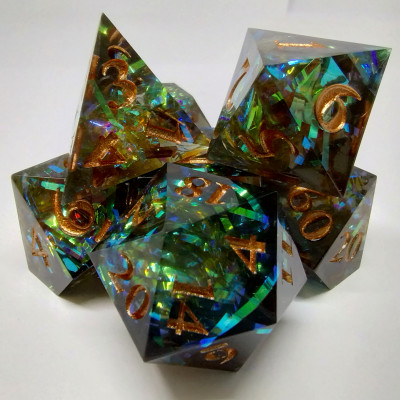 Prismatic Tinsel Dice - green in a bottle with screw-cap