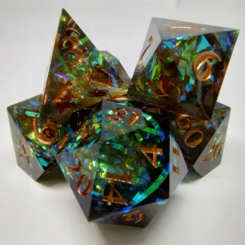 Prismatic Tinsel Dice - green in a bottle with screw-cap