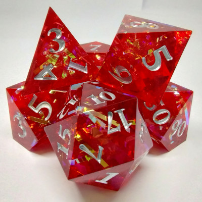 Prismatic Tinsel Dice - red in a bottle with screw-cap