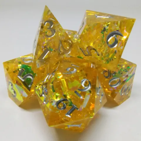 Prismatic Tinsel Dice - yellow in a bottle with screw-cap