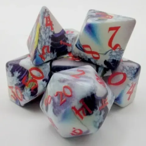 Printed dice: stormy seas in black suedecloth pouch