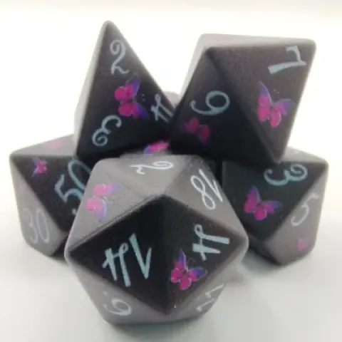 Printed dice: butterflies in black suedecloth pouch