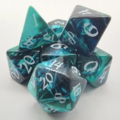 Printed dice: dark spirits in black suedecloth pouch