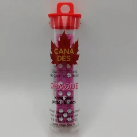 Tube of 5 six-sided dice - 16mm - pink with white pips