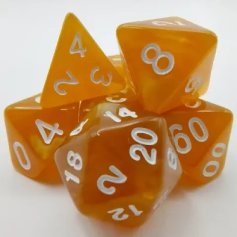 Polyhedral dice kit - pearlized - honey with white numbers