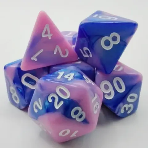 Polyhedral dice kit - eclipse - pink & blue with white numbers
