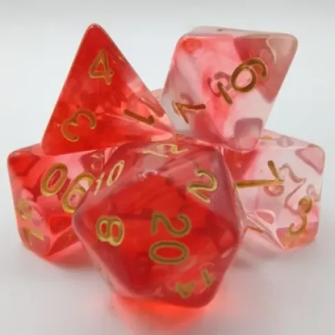 Polyhedral dice kit - lumina - translucent red with gold numbers