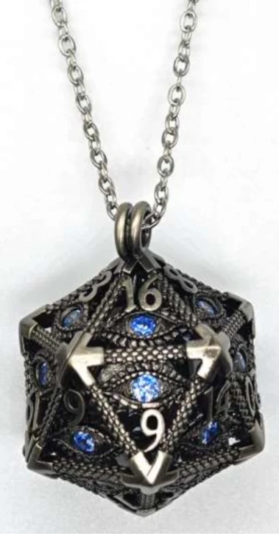 Necklace d20 - hypnotic eye - silver with blue eye & mini-kit of 6mm polyhedral dice