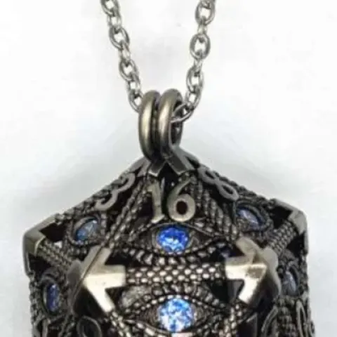 Necklace d20 - hypnotic eye - silver with blue eye & mini-kit of 6mm polyhedral dice