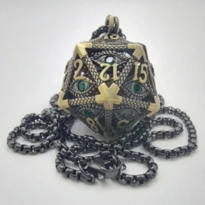 Necklace d20 - hypnotic eye - gold with green eye & mini-kit of 6mm polyhedral dice