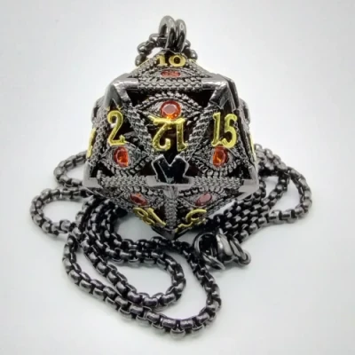 Necklace d20 - hypnotic eye - gunmetal with red eye & mini-kit of 6mm polyhedral dice