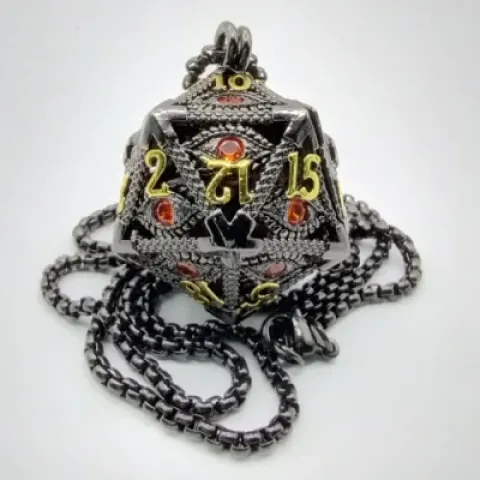Necklace d20 - hypnotic eye - gunmetal with red eye & mini-kit of 6mm polyhedral dice