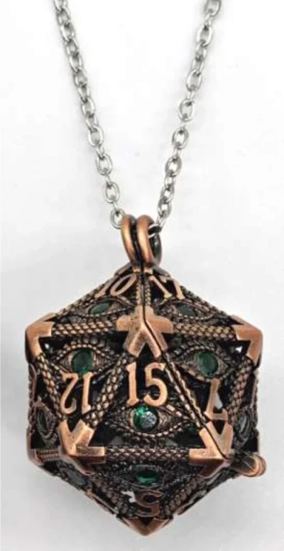 Necklace d20 - hypnotic eye - bronze with green eye & mini-kit of 6mm polyhedral dice