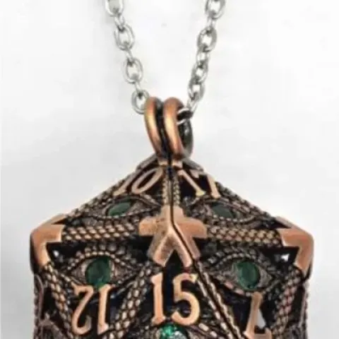 Necklace d20 - hypnotic eye - bronze with green eye & mini-kit of 6mm polyhedral dice