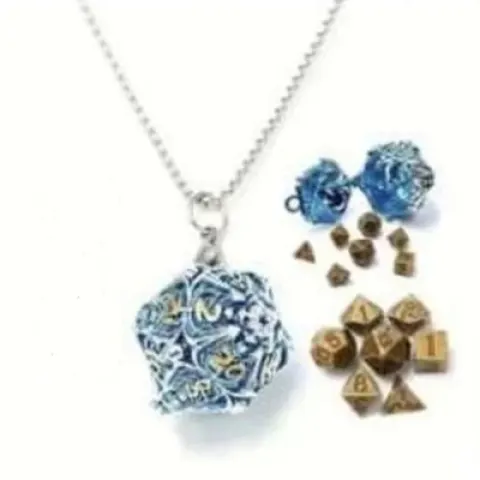 Necklace d20 - skeleton horror - glacial blue & mini-kit of 6mm polyhedral dice