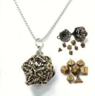 Necklace d20 - skeleton horror - antique gold & mini-kit of 6mm polyhedral dice