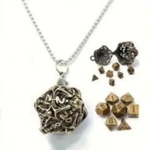 Necklace d20 - skeleton horror - antique gold & mini-kit of 6mm polyhedral dice