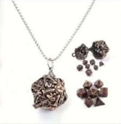 Necklace d20 - skeleton horror - ancient copper & mini-kit of 6mm polyhedral dice