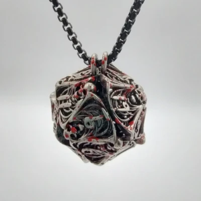 Necklace d20 - skeleton horror - ancient bloodied silver & mini-kit of 6mm polyhedral dice