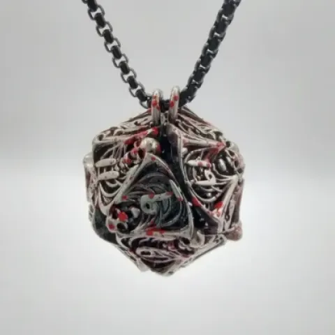 Necklace d20 - skeleton horror - ancient bloodied silver & mini-kit of 6mm polyhedral dice